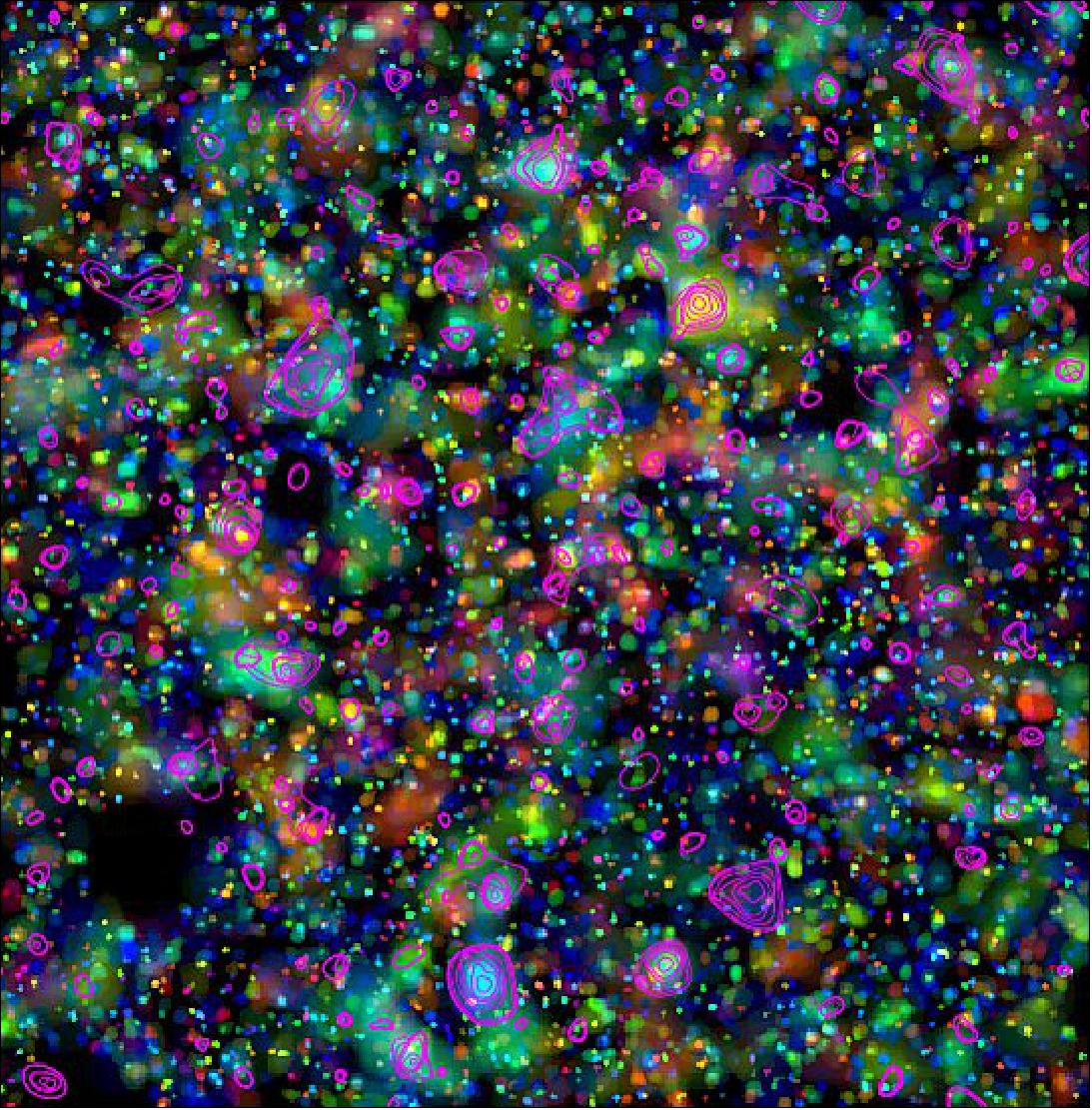 Figure 132: This image shows the galaxy density in the COSMOS field, with colors representing the redshift of the galaxies (ranging from redshift of 0.2 (depicted in blue) to 1 (depicted in red). The X-ray contours (in pink) show the extended X-ray emission as observed by XMM-Newton (image credit: ESA)