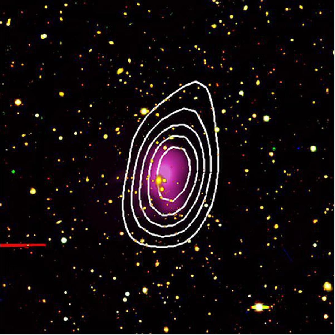 Figure 130: Composite X-ray and optical image of the massive galaxy cluster SPT-CL J2332-5358, with contours depicting the region of the Sunyaev-Zel'dovich effect signature (image credit: ESA/XMM-Newton; Background image: Blanco Cosmology Survey/NOAO/AURA/NSF; SZE contours: South Pole Telescope/NSF)