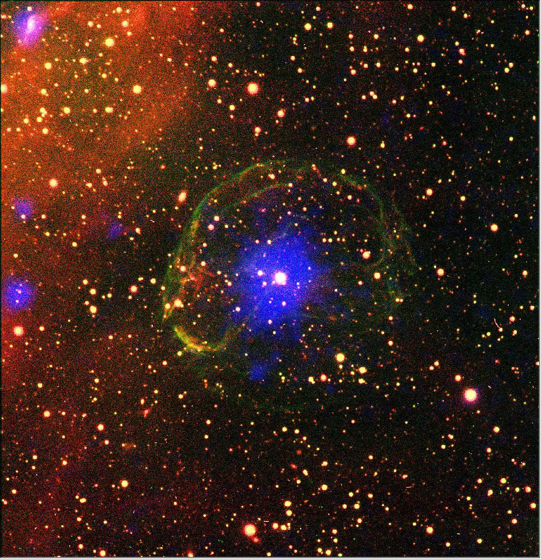Figure 126: This image is a composite view of the newly discovered X-ray pulsar SXP 1062 still embedded in the remnant of the supernova that created it. SXP 1062 accretes mass from its stellar companion, a massive, hot, blue 'Be' star, the two objects forming a Be/X-ray binary [image credit: ESA/XMM-Newton/L. Oskinova, University of Potsdam, Germany/M. Guerrero, Instituto de Astrofisica de Andalucia, Spain (X-ray); Cerro Tololo Inter-American Observatory/R. Gruendl & Y. H. Chu, University of Illinois at Urbana-Champaign, USA (optical)]