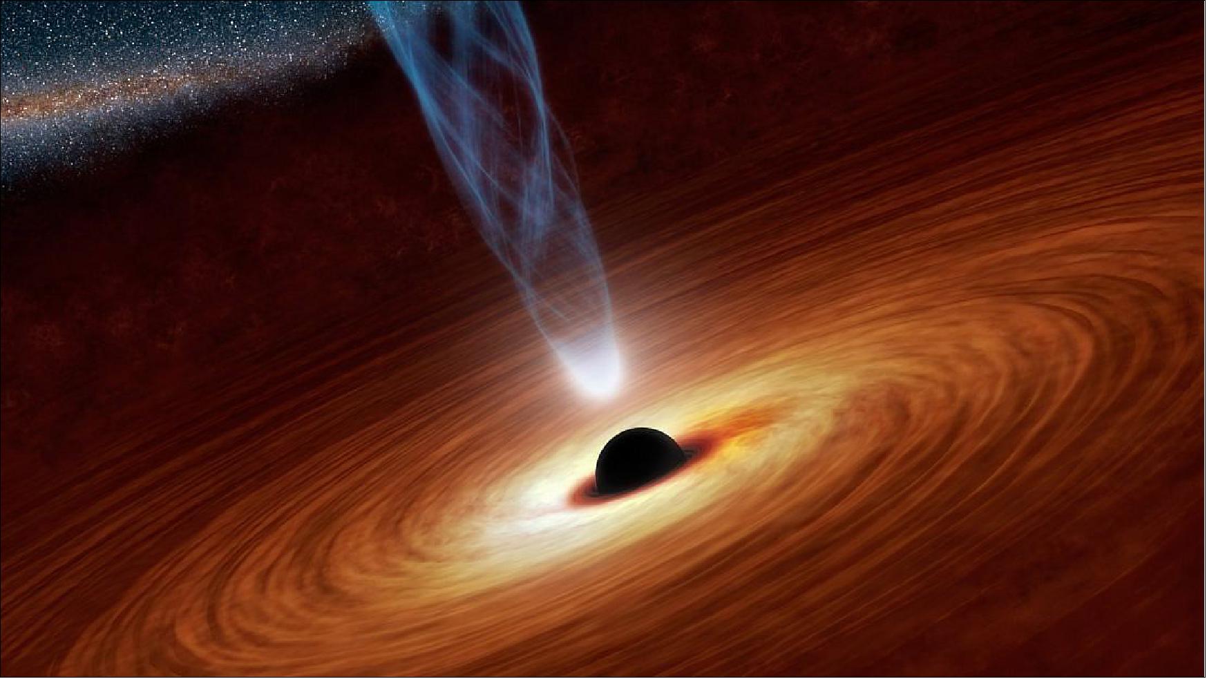 Figure 122: ESA’s XMM-Newton and NASA’s NuSTAR have detected a rapidly rotating supermassive black hole in the heart of spiral galaxy NGC 1365. The rate at which a black hole spins encodes the history of its formation. An extremely rapid rotation could result from either a steady and uniform flow of matter spiralling in via an accretion disc (as shown in this artist impression) or as a result of the merger of two galaxies and their smaller black holes (image credit: NASA/JPL, Caltech) 163)