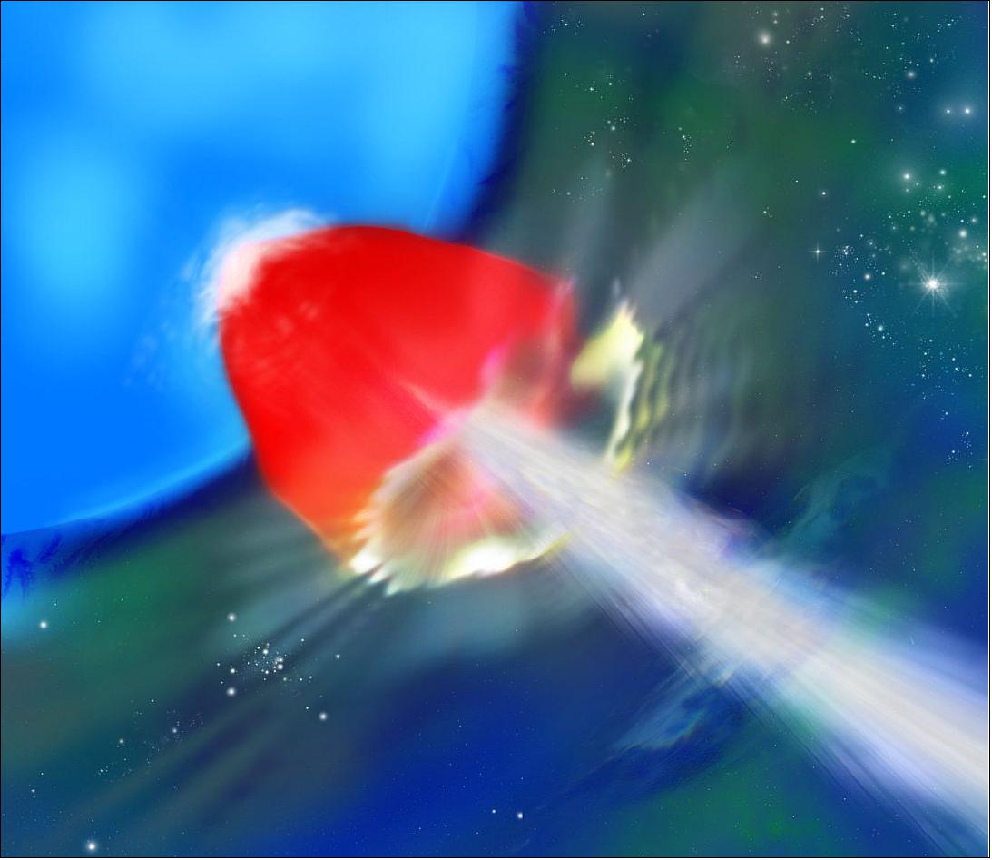 Figure 115: This artist’s impression depicts a region of an exploding blue supergiant. These stars are quite rare in the relatively nearby Universe, but are thought to have been very common in the early Universe, with almost all of the first stars having evolved into them over the course of their short lives. The illustration shows a hot cocoon of gas (shown in red) surrounding a relativistic jet emerging from the blue supergiant (image credit: NASA/Swift/A. Simonnet, Sonoma State University)