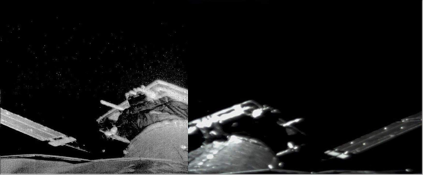 Figure 103: The two images in this collage were taken by the two low-resolution monitoring cameras mounted on opposite sides of the focal plane assembly, looking along the pointing direction of the telescope tube towards the service module (see Figure 104 for an annotated version with explanation). When these images were captured on 14 September 2016 at 06:50 GMT, XMM-Newton was in its 3070th orbit at around 50,000 km altitude and in contact with mission controllers at ESA’s mission control in Darmstadt, Germany, via the antenna at Kourou, French Guiana.
