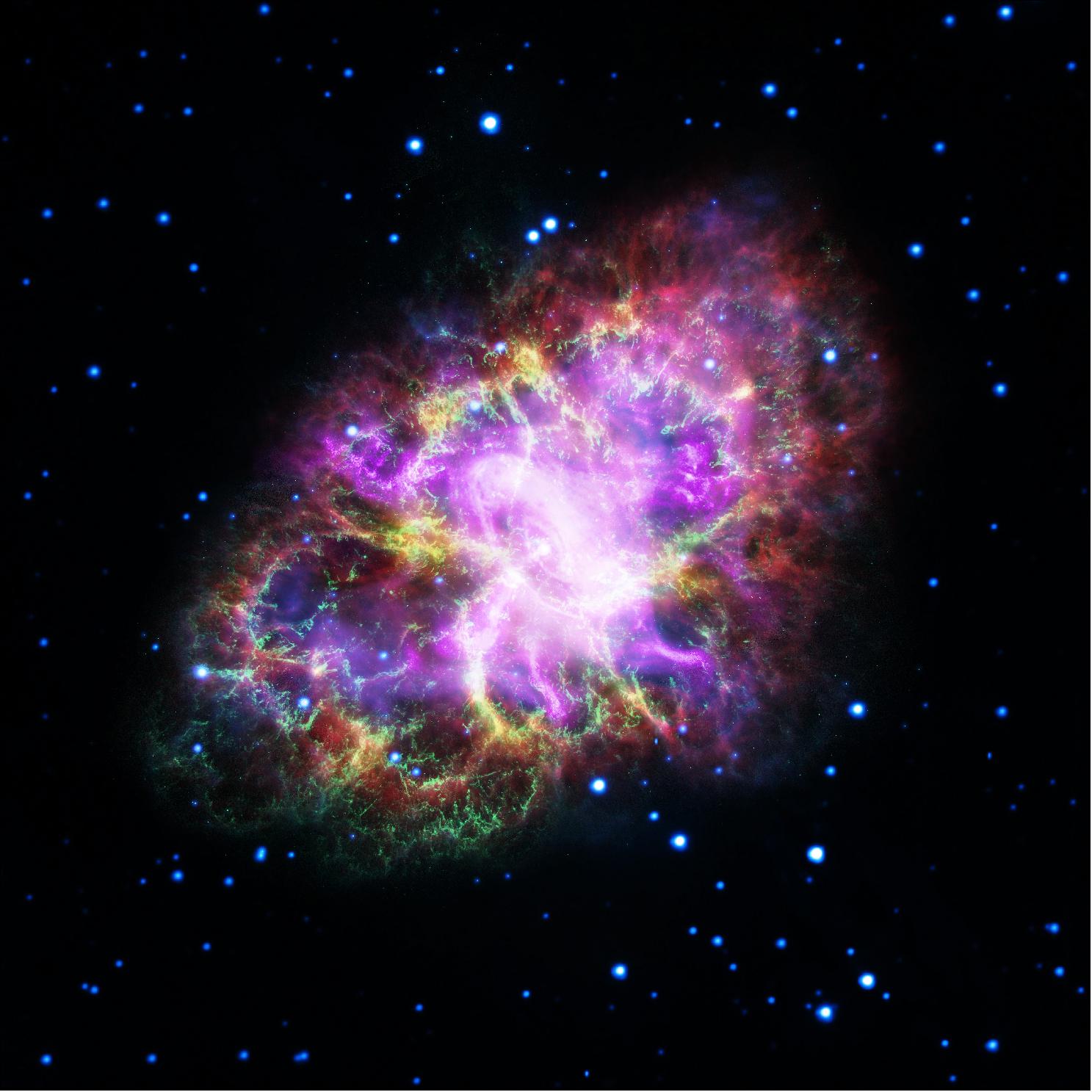 Figure 97: This image combines data from five different telescopes: The VLA (radio) in red; Spitzer Space Telescope (infrared) in yellow; Hubble Space Telescope (visible) in green; XMM-Newton (ultraviolet) in blue; and Chandra X-Ray Observatory (X-ray) in purple (image credit: G. Dubner (IAFE, CONICET-University of Buenos Aires) et al.; NRAO/AUI/NSF; A. Loll et al.; T. Temim et al.; F. Seward et al.; Chandra/CXC; Spitzer/JPL-Caltech; XMM-Newton/ESA; and Hubble/STScI)