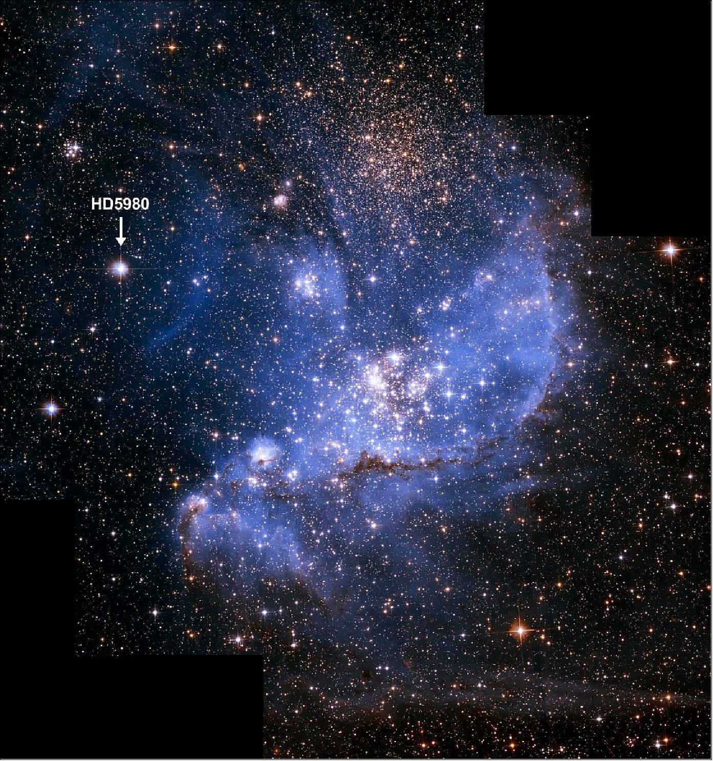 Figure 89: A Hubble Space Telescope view of the cluster NGC 346 - the arrow indicates the position of HD 5980 [image credit: NASA, ESA, A. Nota (STScI/ESA)] 99)