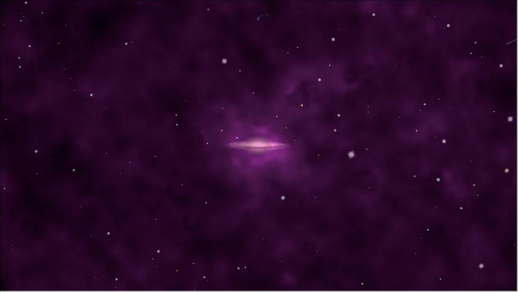Figure 84: This image illustrates the X-ray emission around a set of five galaxies that have been stacked together to bring out the details in their spherical, gaseous haloes. It was created by a team of scientists using ESA’s XMM-Newton space observatory, with the X-ray emission highlighted in purple [image credit: ESA/XMM-Newton; J-T. Li (University of Michigan, USA); Sloan Digital Sky Survey (SDSS)] 92)