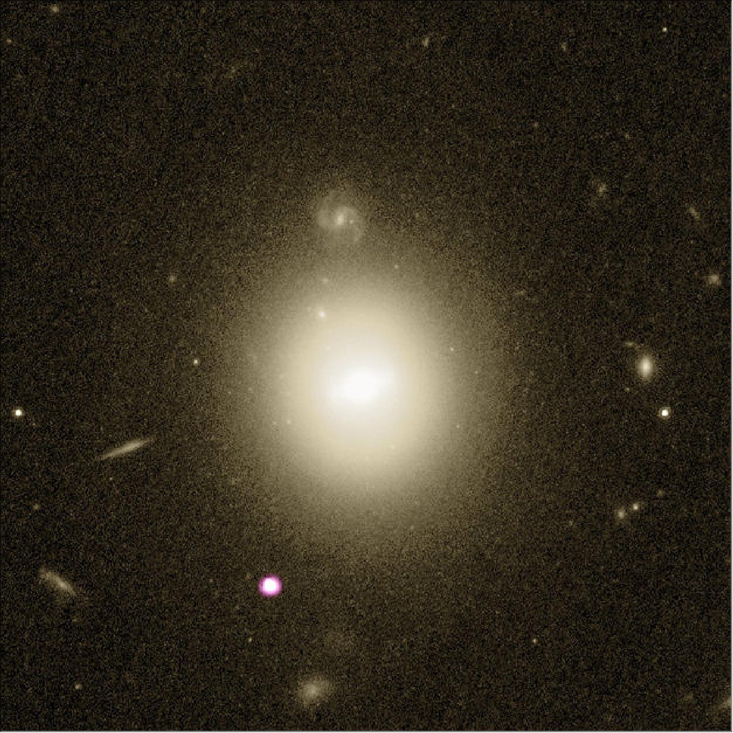 Figure 79: Best ever intermediate-mass black hole candidate (purple spot) at the outskirts of a distant galaxy (image credit: Optical: NASA/ESA/Hubble/STScI; X-ray: NASA/CXC/UNH/D. Lin et al.)