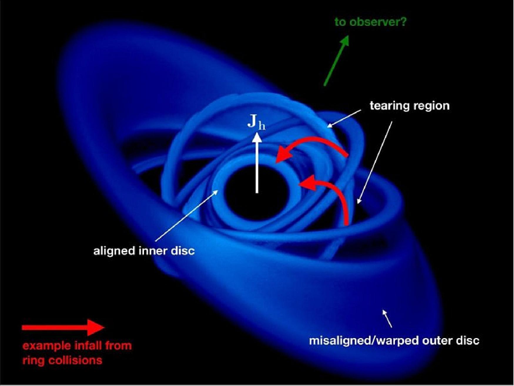 Figure 73: This is the characteristic disk structure from the simulation of a misaligned disk around a spinning black hole. The outermost regions are warped and remain misaligned. Inside this, several rings have broken free and are freely precessing through the Lense–Thirring effect. The innermost material has fallen from the shocks that occur between rings, and is aligned to the central black hole spin (it is the misaligned component of angular momentum that is cancelled in the shocks – and transferred to the hole through precession). Depending on the observer’s line of sight, the infalling matter may or may not obscure the central emitting regions. Note that the black hole spin vector is drawn as an arrow up the page, but this is the projection on to the page. The black hole spin vector points out towards the reader as well as in the direction drawn, such that the vector is normal to the innermost ring of gas (image credit: K. Pounds et al., University of Leicester)