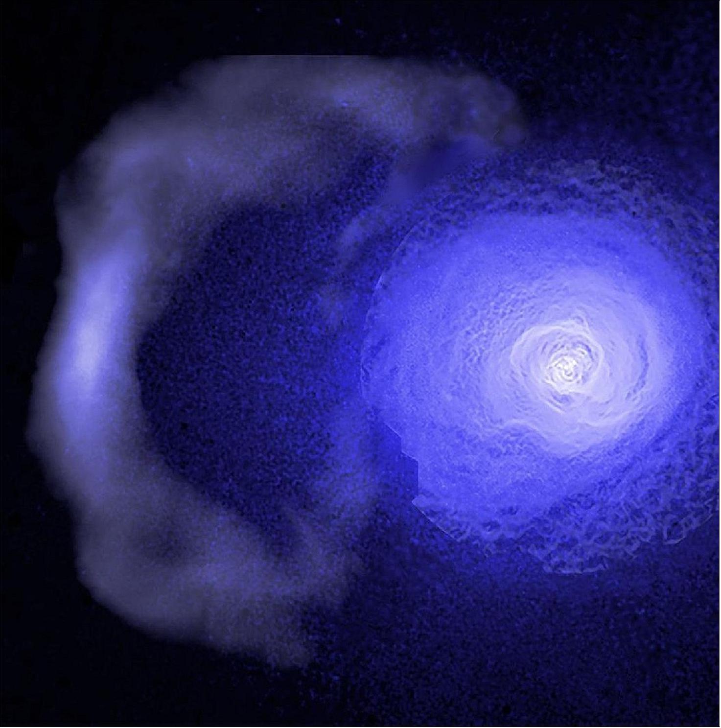 Figure 70: The image combines data from NASA's Chandra X-Ray observatory, ESA's XMM-Newton and the German Aerospace Center-led ROSAT satellite. Chandra also took a separate close-up of the upper left of the cold front, revealing some unexpected details (image credit: NASA/CXC/GSFC/S. Walker, ESA/XMM, ROSAT)