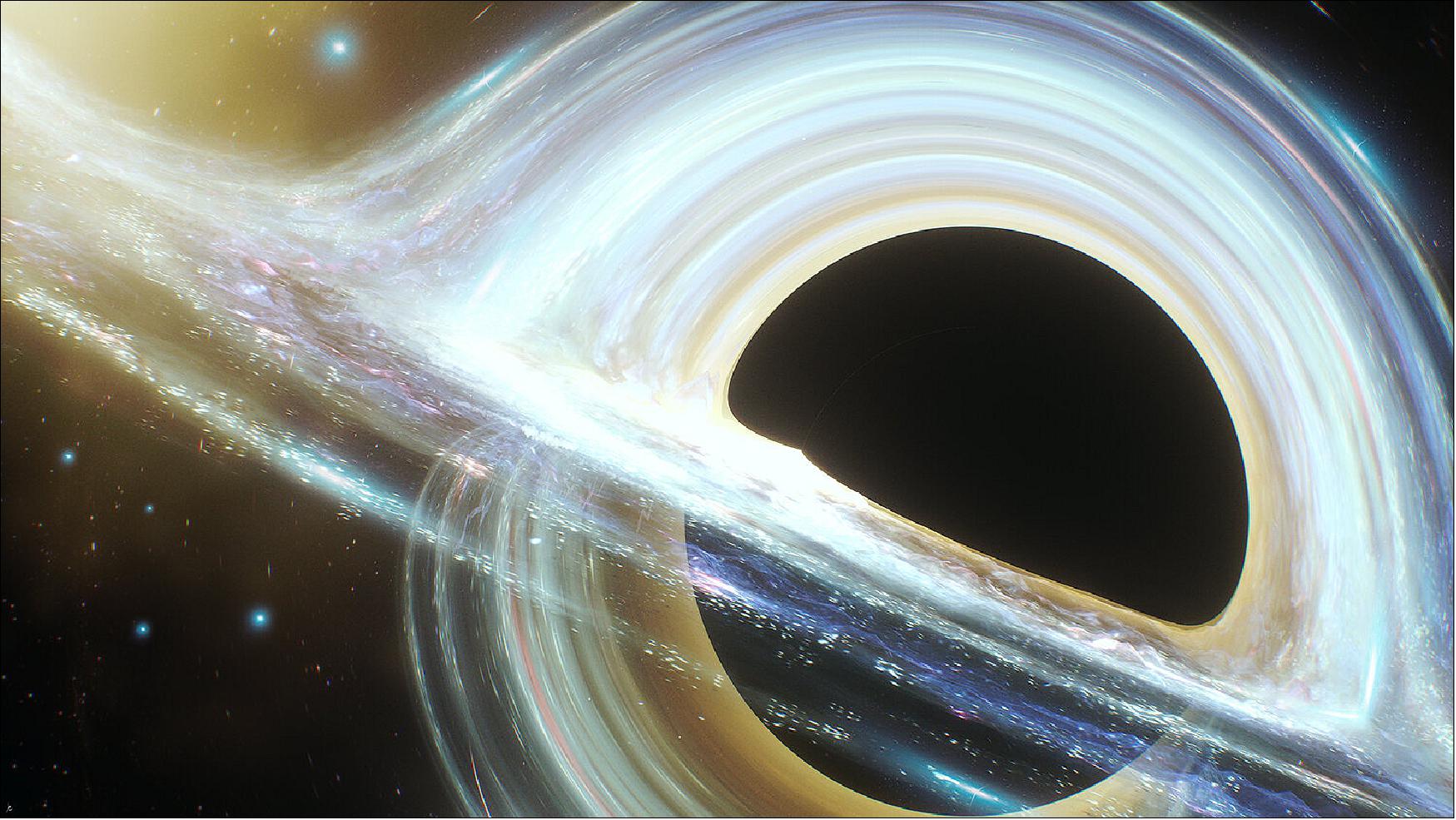 Figure 51: Black holes are celestial objects so dense that nothing, not even light, can escape their pull. In this artist’s impression, the weird shapes of light around the black hole are what computer simulations predict will happen in the vicinity of its intense gravitational field (image credit: ESA/XMM-Newton/I. de la Calle)