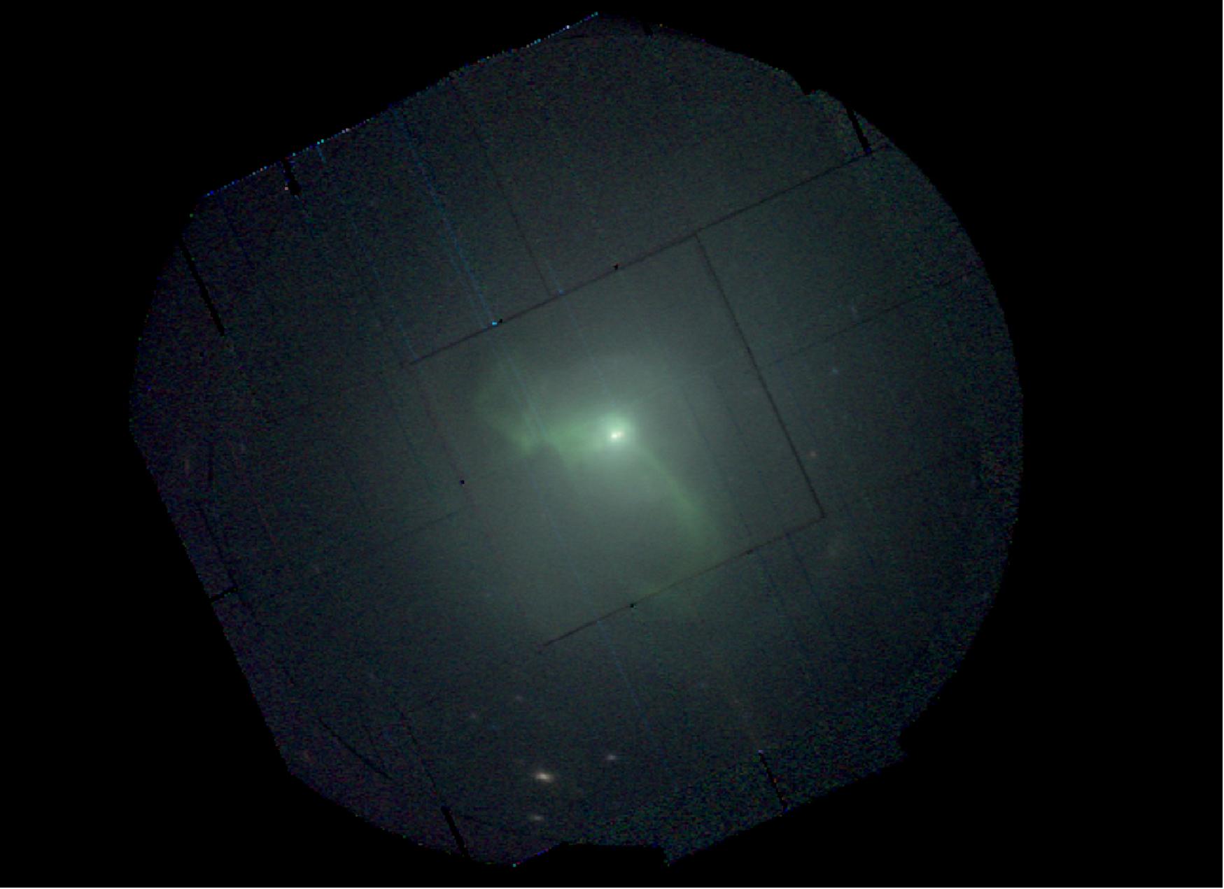 Figure 44: The core of massive galaxy M87 as viewed in X-rays by ESA’s XMM-Newton space observatory. A giant elliptical galaxy, M87 is home to several trillion stars, making it one of the most massive galaxies in the local Universe. About 52 million light years away, it is located at the center of the Virgo cluster, the nearest cluster of galaxies to the Local Group, to which our own Milky Way galaxy belongs. A supermassive black hole as massive as billions of stars like our Sun sits at the core of M87, accreting material from its surroundings at an extremely intense rate. The black hole’s accretion produces powerful jets that launch energetic particles close to the speed of light outwards into the surrounding cluster environment, as well as inflating giant bubbles that lift cooler gas from the cluster center and form the filamentary structures visible in this image. The activity of the black hole also generates shock waves, such as the circular feature that can be seen around the center of the image. This view is based on data collected at X-ray energies between 0.3 and 7 keV with the EPIC (European Photon Imaging Camera) onboard XMM-Newton on 16 July 2017. The image spans 40 arcminutes on each side (image credit: ESA/XMM-Newton; Acknowledgement: P. Rodriguez)