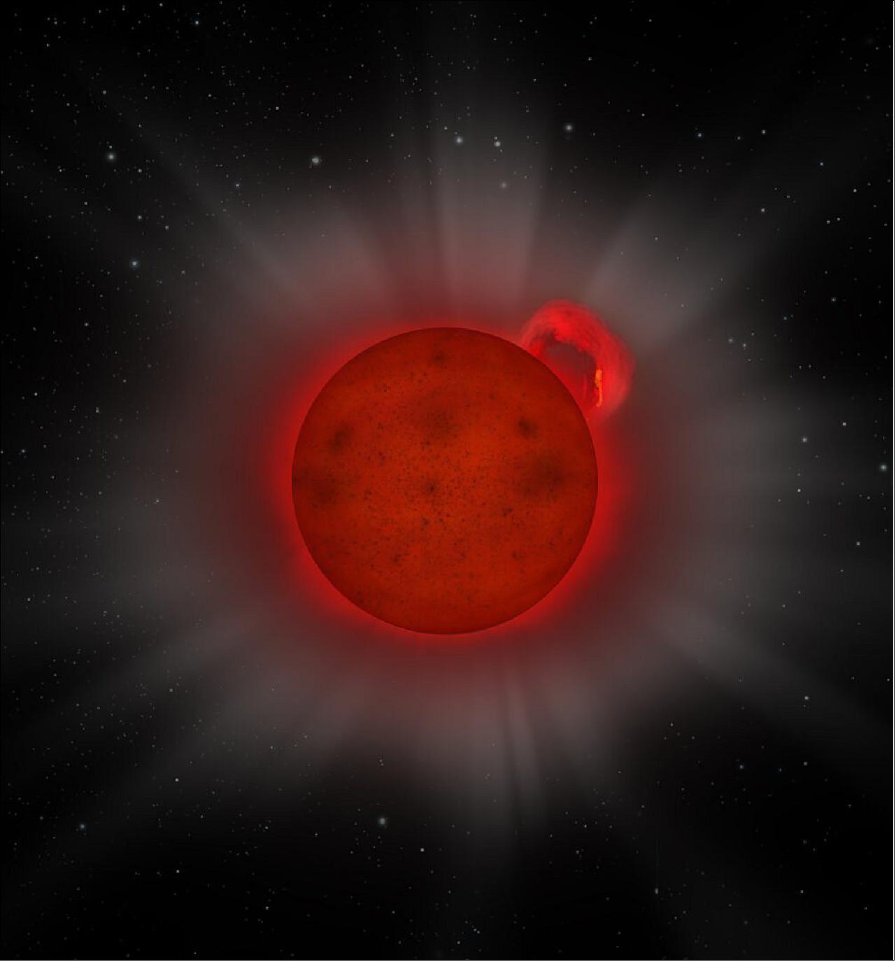 Figure 41: Artist's impression of an L dwarf star, a star with so little mass that it is only just above the boundary of actually being a star, caught in the act of emitting an enormous ‘super flare’ of X-rays, as detected by ESA's XMM-Newton X-ray space observatory. Astronomers spotted the enormous X-ray flare in data recorded on 5 July 2008 by the European Photon Imaging Camera (EPIC) onboard XMM-Newton. In a matter of minutes, the tiny star, known by its catalog number J0331-27, released more than ten times more energy of even the most intense flares suffered by the Sun (image credit: ESA)