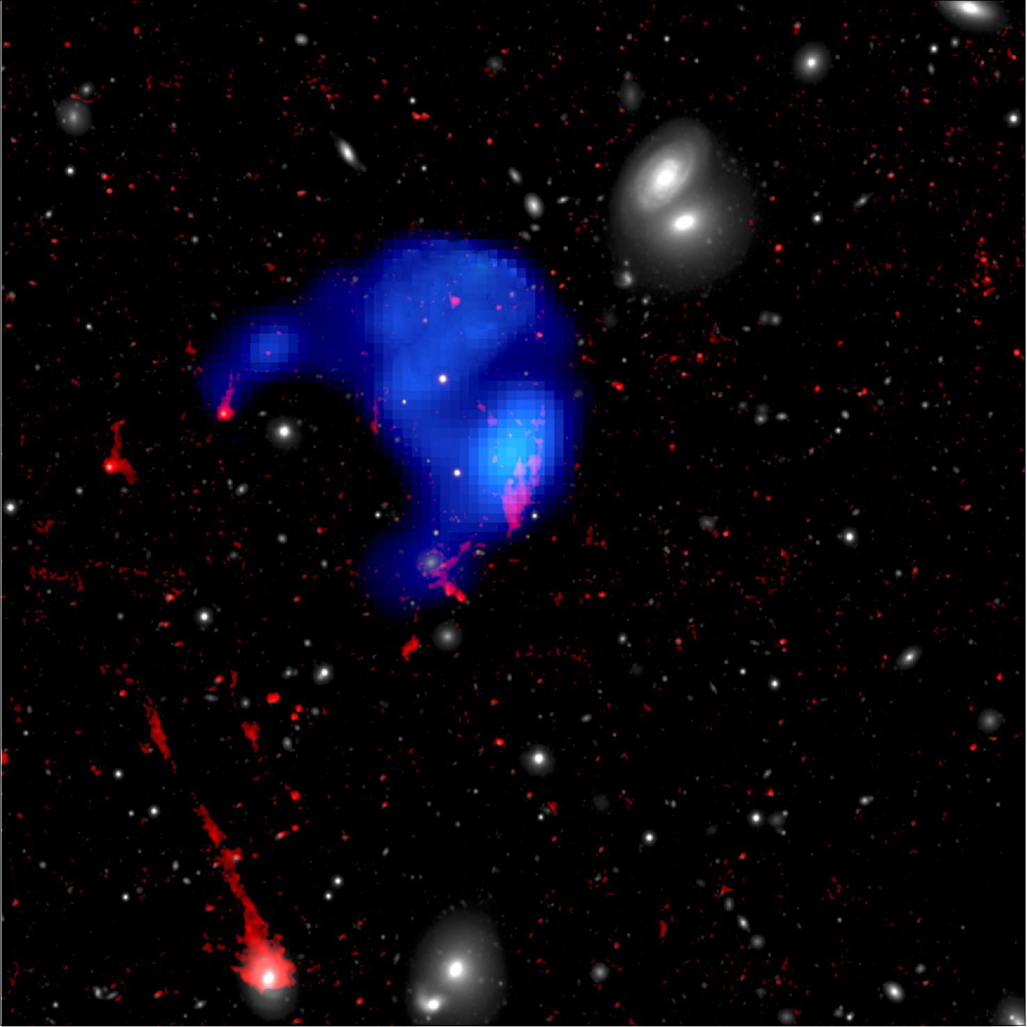 Figure 26: This is the first time an intercluster clump has been observed in both X-rays and the light that comes from the warm gas. Since the orphan cloud is isolated and not associated with any galaxy, it has likely been floating in the space between galaxies for a long time, making its mere survival surprising (image credit: Chong Ge et al.)