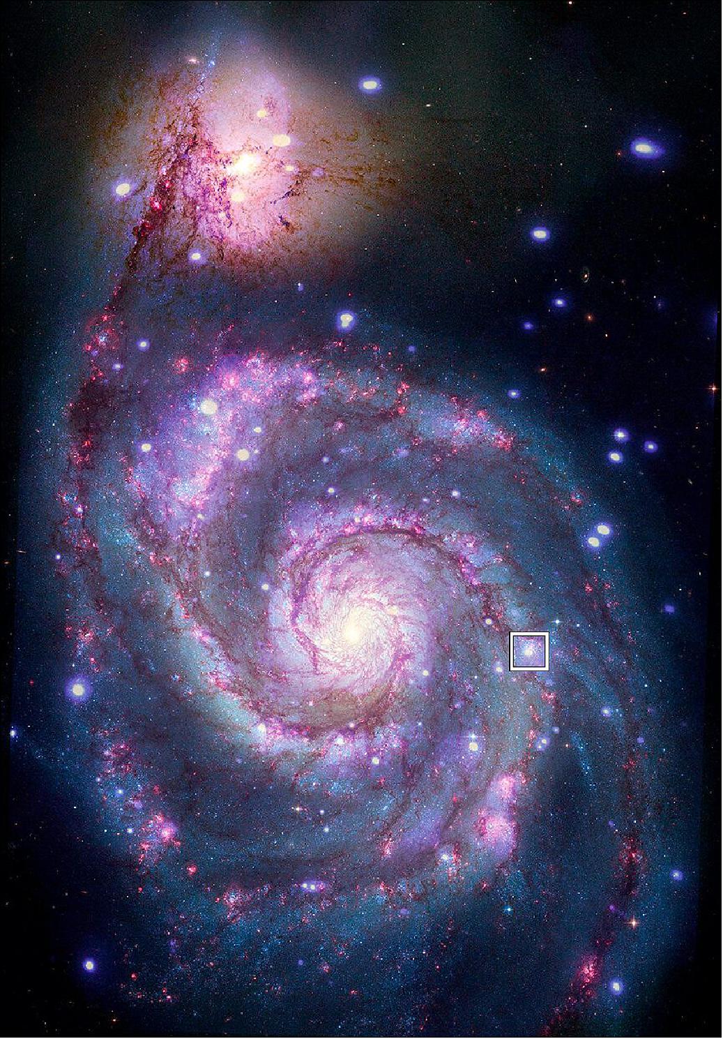Figure 19: Location of possible planet in M51. A composite image of M51 with X-rays from NASA's Chandra and optical light from the NASA/ESA Hubble Space Telescope contains a box that marks the location of the possible planet candidate (image credit: X-ray: NASA/CXC/SAO/R. DiStefano, et al.; Optical: NASA/ESA/STScI/Grendler)