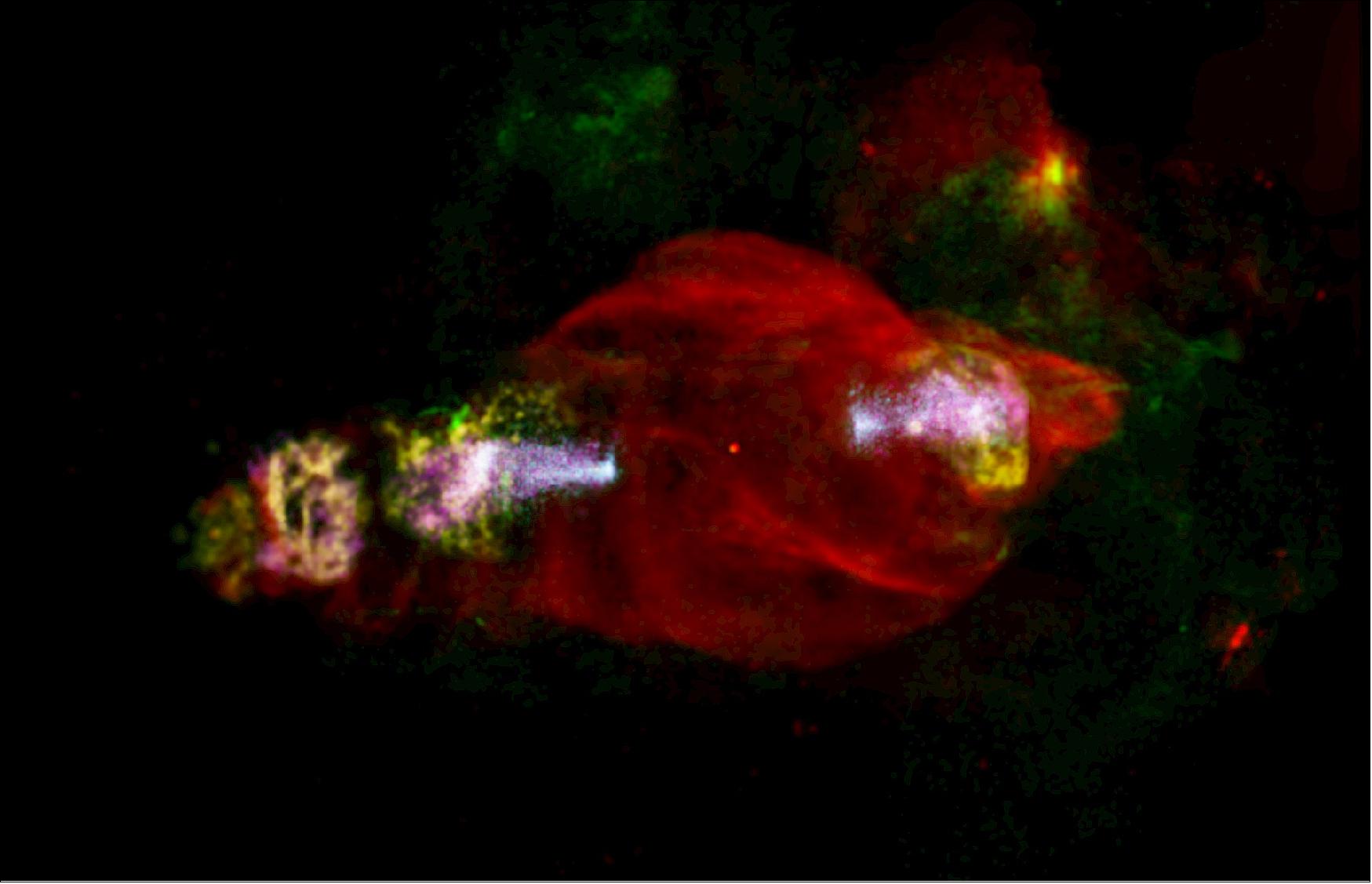 Figure 16: Multi-wavelength image of the W50 nebula. Red: Radio (Dubner et al. 1998), Green: Optical (Boumis et al. 2007), Yellow: Soft X-rays (0.5–1 keV), Magenta: Medium energy X-rays (1–2 keV), Cyan: Hard X-ray emission (2–12 keV). The eastern lobe X-ray image highlights the XMM-Newton data presented in this work (with the brightening at the edge of the field of view cropped here to highlight the source emission). The western lobe X-ray image shows only partial Chandra coverage of part of the nebula (Moldowan et al. 2005); additional X-ray observations of this and other regions are currently being carried out and will be presented in future work [image credit: S. Safi-Harb, et al. (2022)]