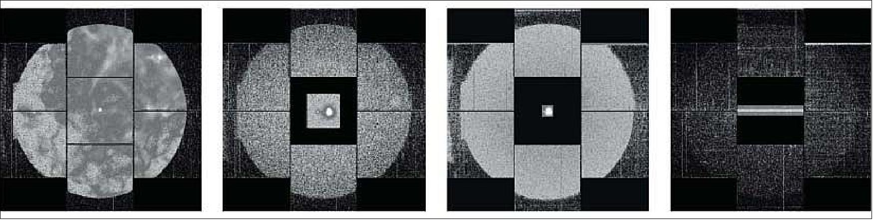 Figure 145: Representative images of the EPIC MOS camera acquired in the different operating modes. Left to Right: Full Frame Image, Large Window, Small Window, Timing (image credit: ESA)
