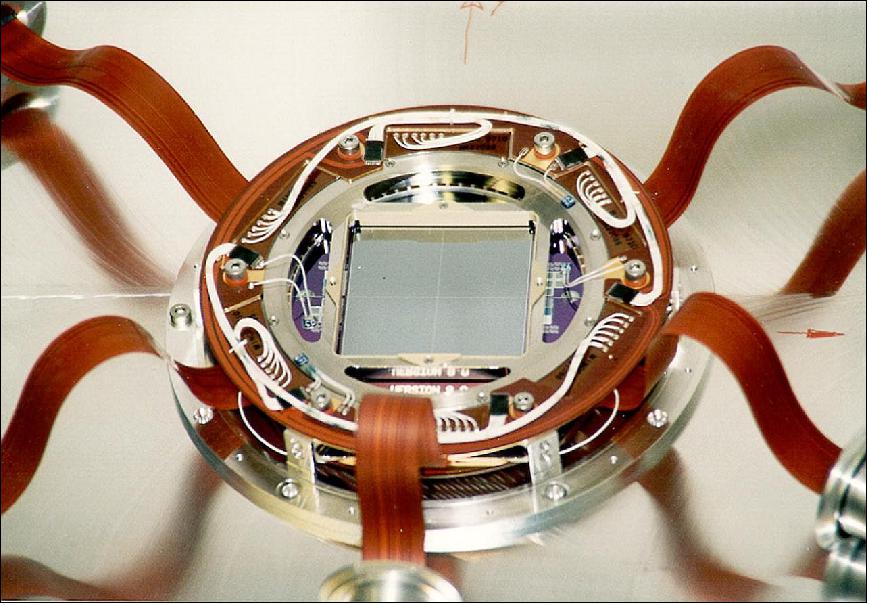 Figure 144: The CCDs of the pn camera: The picture shows the twelve chips mounted and the connections to the integrated preamplifiers (image credit: ESA)
