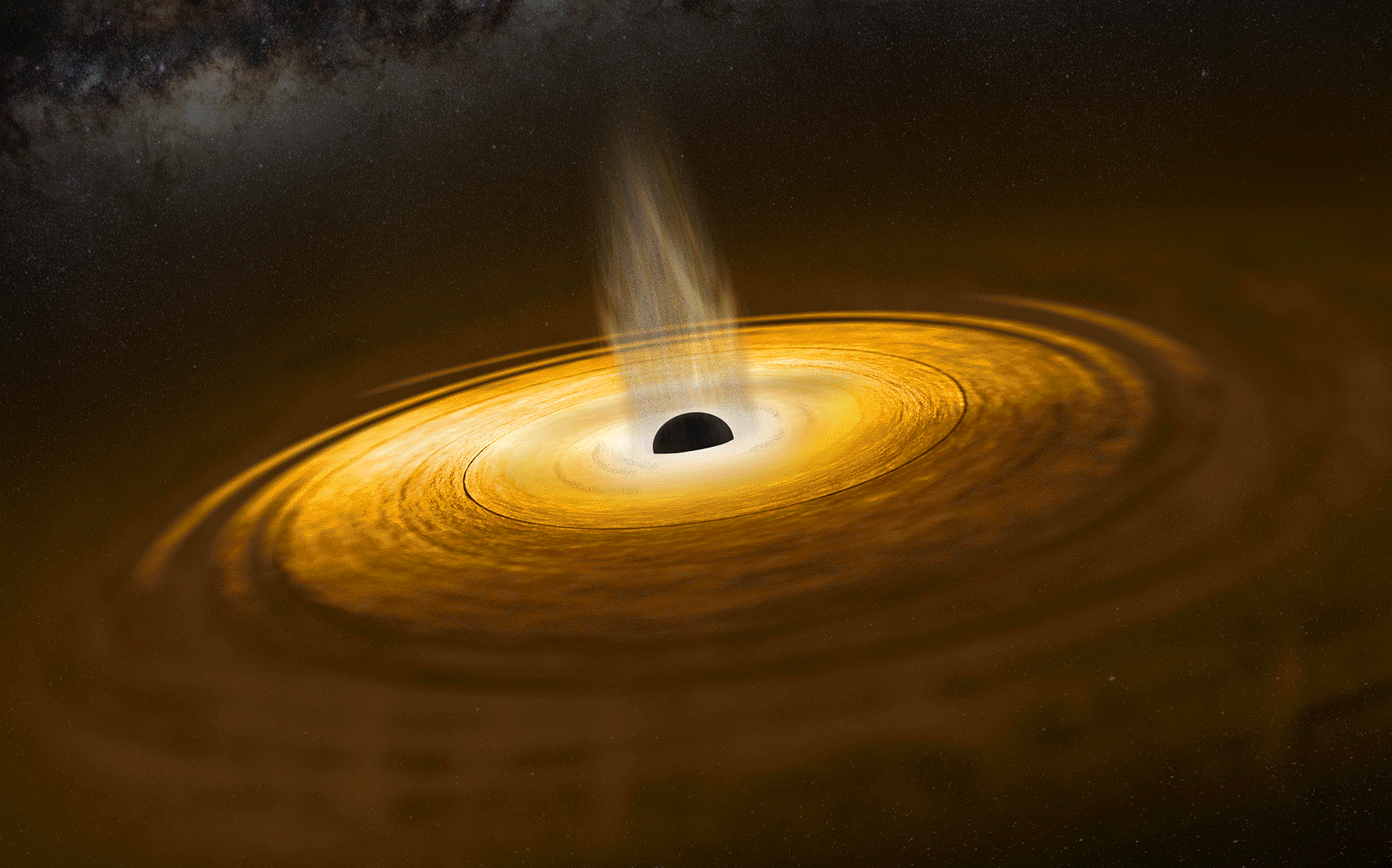 Figure 43: These illustrations show the surroundings of a black hole feeding on ambient gas as mapped using ESA’s XMM-Newton X-ray observatory. As the material falls into the black hole, it spirals around to form a flattened disc, as shown here, heating up as it does so. At the very center of the disc, close to the black hole, a region of very hot electrons – with temperatures of around a billion degrees – known as the corona produced high-energy X-rays that stream out into space. 45)